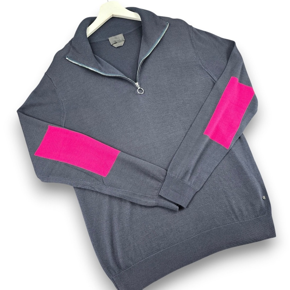 G/FORE Men's Large Gray Pink Elbows Quarter Zip Sweater Tencel Silk Wool